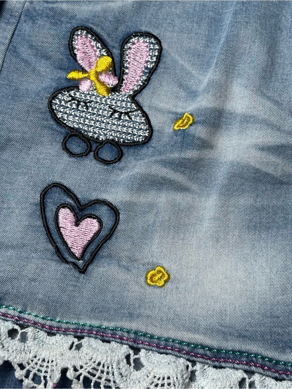 Girls Light Wash Denim Bunny Shorts Eyelet Lace Trim Elastic Waist Kawaii - Picture 2 of 10